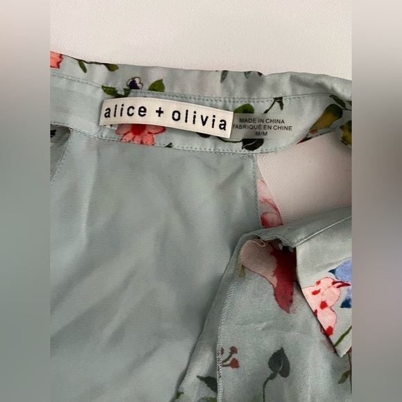 ALICE + OLIVIA BLAYNE FLORAL COLD SHOULDER SILK TOP FLORAL SOIREE DUSTY AQUA M - Picture 7 of 9